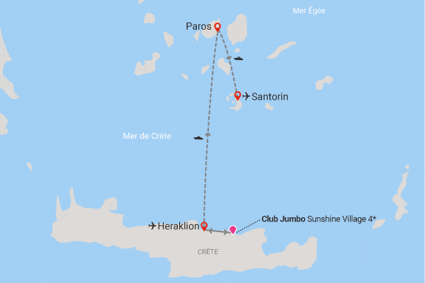 Combiné circuit et hôtel Combiné Jumbo Sunshine Village 4* et combiné 2 îles Paros - Santorin heraklion Crète