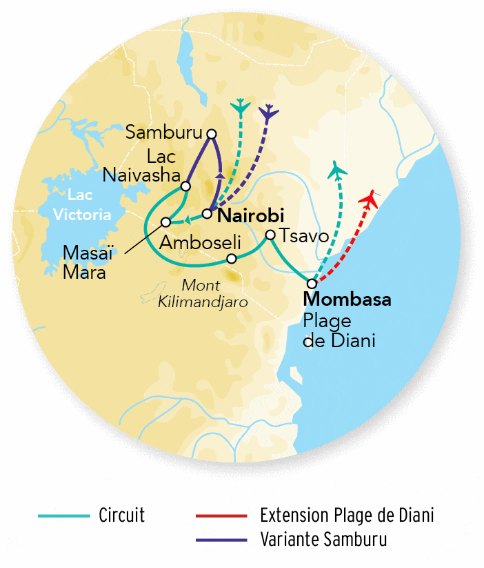 Combiné circuit et hôtel Merveilles du Kenya Samburu & Balnéaire Plage de Diani - 2026 nairobi Kenya