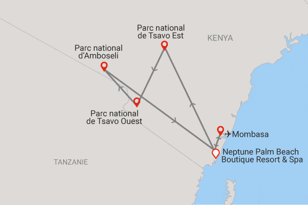 Combiné circuit et hôtel Hôtel Neptune Palm Beach Boutique Resort & Spa 4*sup avec 3 nuits Tsavo Est / Ouest et Amboseli ukunda Kenya