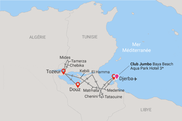 Combiné circuit et hôtel Circuit Beautés du Désert Tunisien et Jumbo Baya Beach Aqua Park Hôtel djerba Tunisie