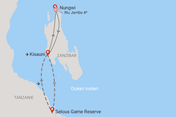 Combiné circuit et hôtel Riu Jambo 4* avec 2 nuits au Parc Selous Nungwi Zanzibar